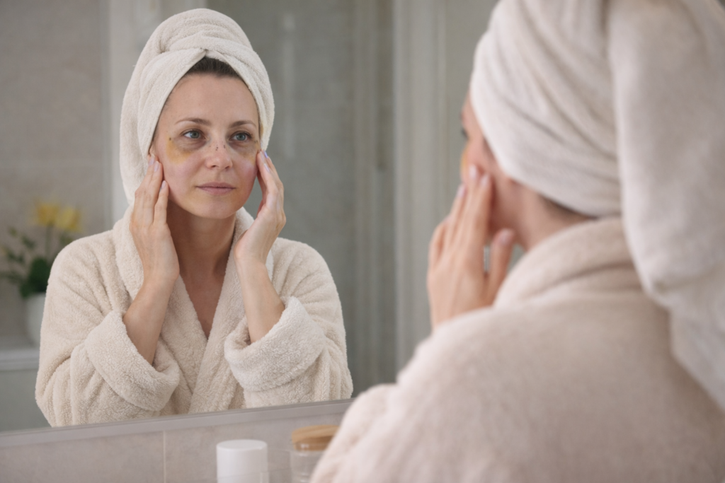 A calm, softly lit photograph of a woman resting and looking thoughtfully at her reflection in the mirror, conveying quiet reflection and emotional adjustment during recovery after facial plastic surgery.