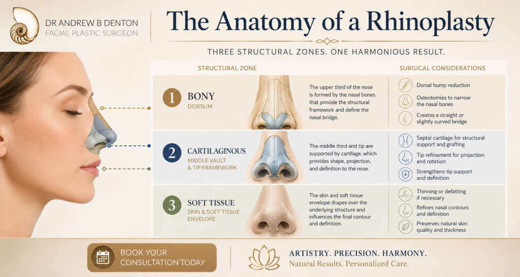 'Rhinoplasty anatomy diagram showing bony and cartilaginous nasal structure Vancouver.