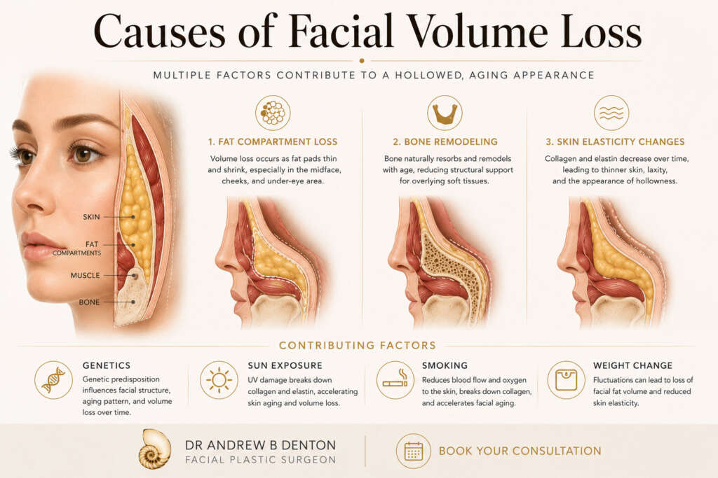 infographic with the title "Causes of facial volume loss" Description: A simple diagram showing the midface cross section, illustrating fat compartment loss, bone remodeling, and skin elasticity changes side by side, with brief labels for genetics, sun exposure, smoking, and weight change as contributing factors.