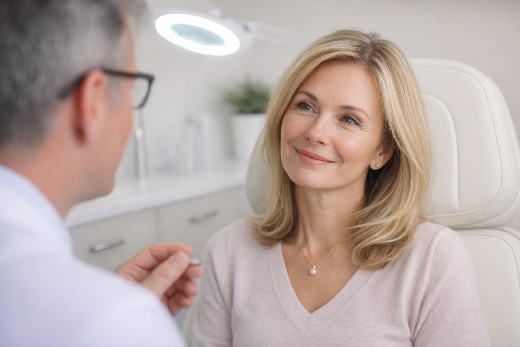 dr denton evaluating a female patient for skin pinch lower blepharoplasty