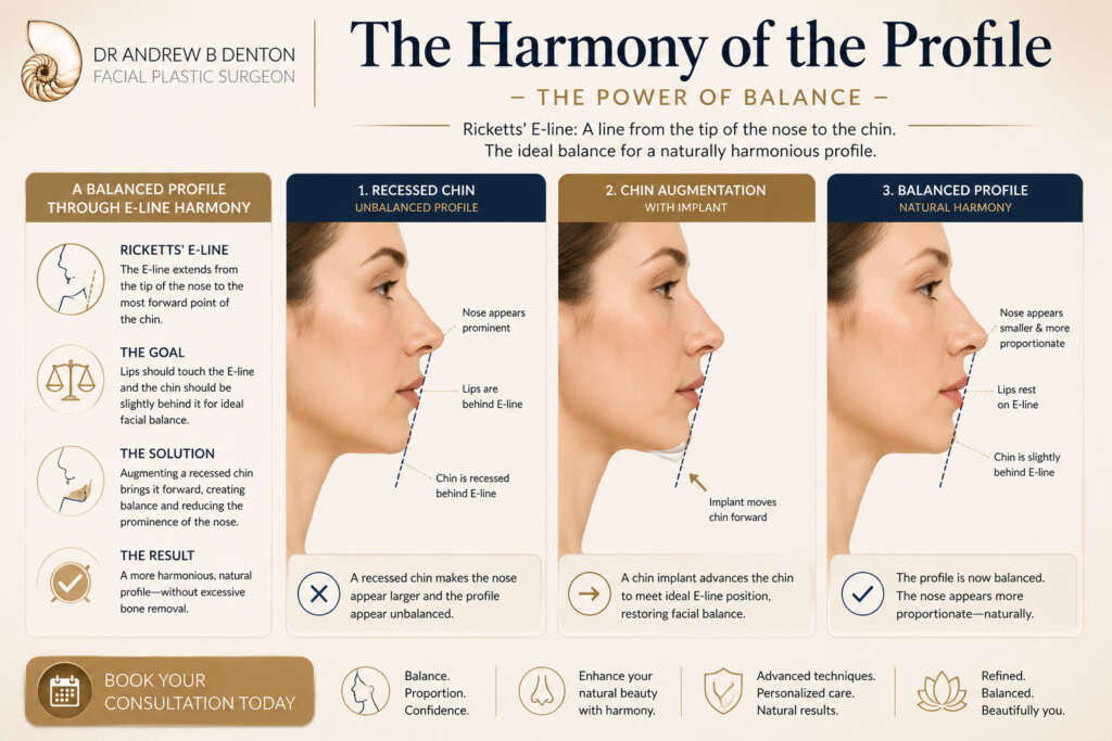 A profile-view diagram showing the "Ricketts’ E-line" from the tip of the nose to the chin. It illustrates how augmenting a recessed chin with an implant can make a prominent nose appear smaller and more balanced without excessive bone removal