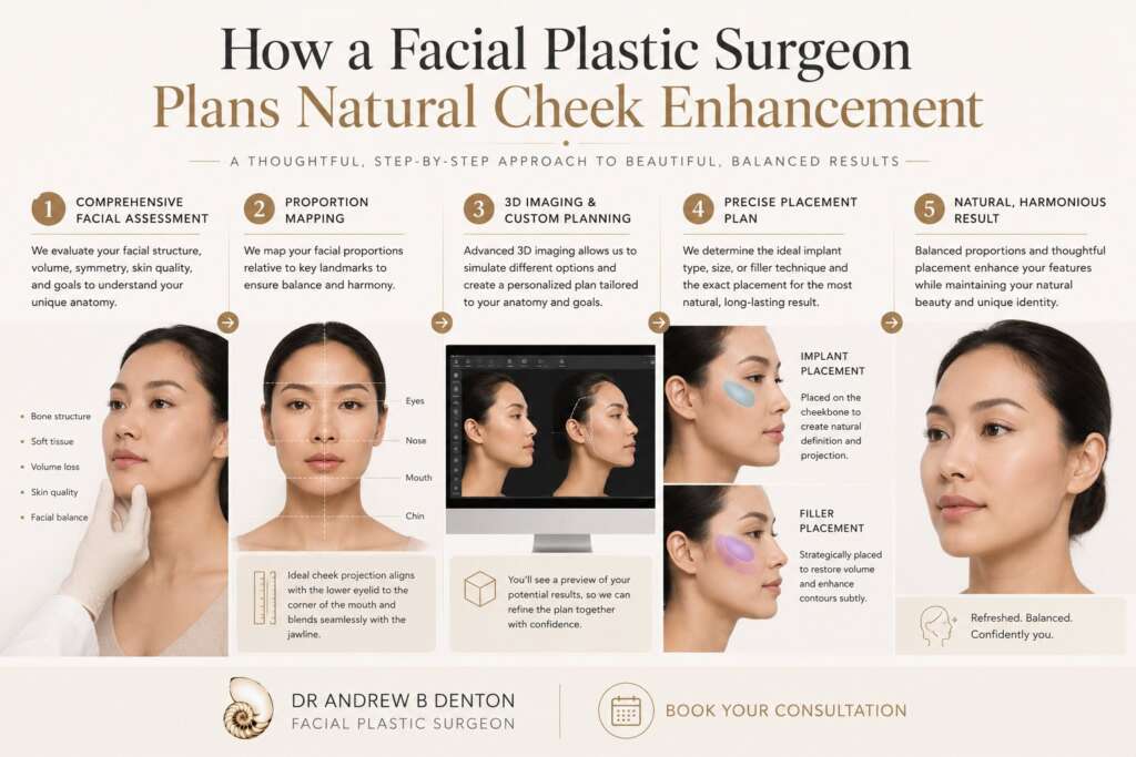 An infographic with the title "How a Facial Plastic Surgeon Plans Natural Cheek Enhancement" Showing a step by step visual showing facial assessment, proportion mapping relative to the eyes, nose, and jawline, and final implant or filler placement, to illustrate the planning process behind a natural-looking result.