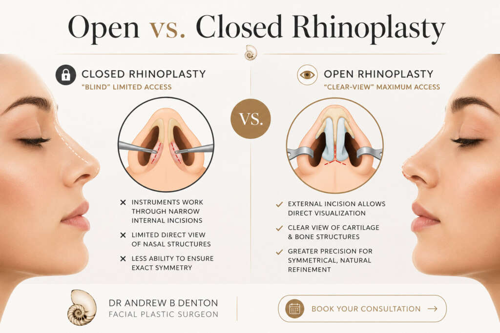 A split-screen graphic. One side shows the "blind" limited access of a closed procedure. The other side shows the "clear-view" access of an open procedure, highlighting the surgeon's ability to see the cartilage and bone clearly for symmetrical reshaping.